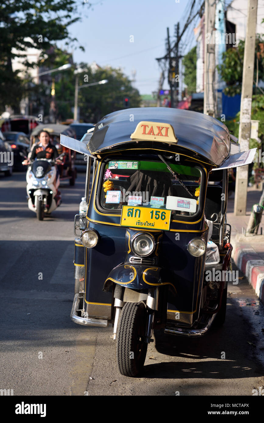 auto rickshaw taxi at roadside, Chiang Mai, Thailand Stock Photo