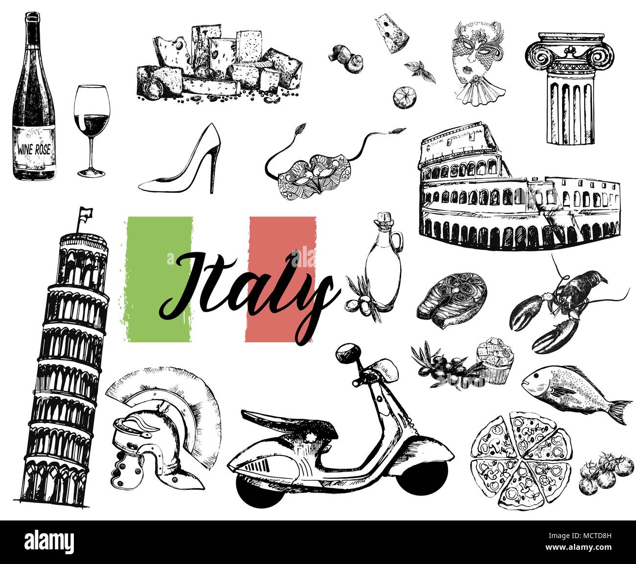 Set of hand drawn sketch style Italian themed objects isolated on white background. Vector illustration. Stock Vector