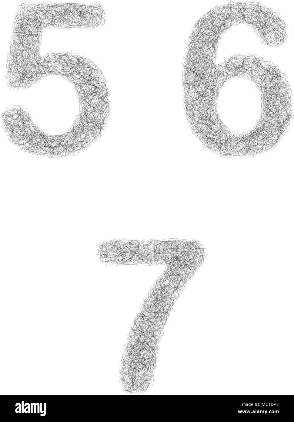 Furry sketch font set - numbers 5, 6, 7 Stock Vector