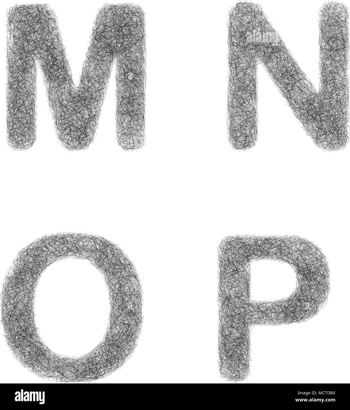 Furry sketch font set - letters M, N, O, P Stock Vector