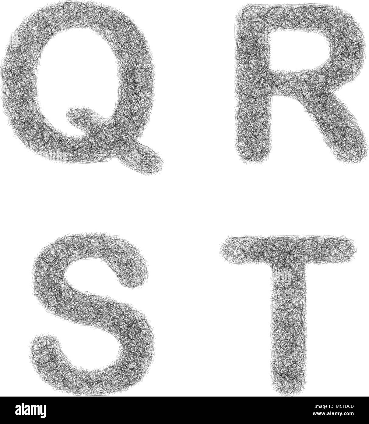 Furry sketch font set - letters Q, R, S, T Stock Vector