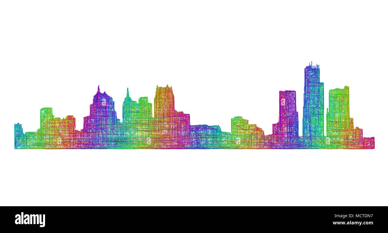 Detroit skyline silhouette - multicolor line art Stock Vector