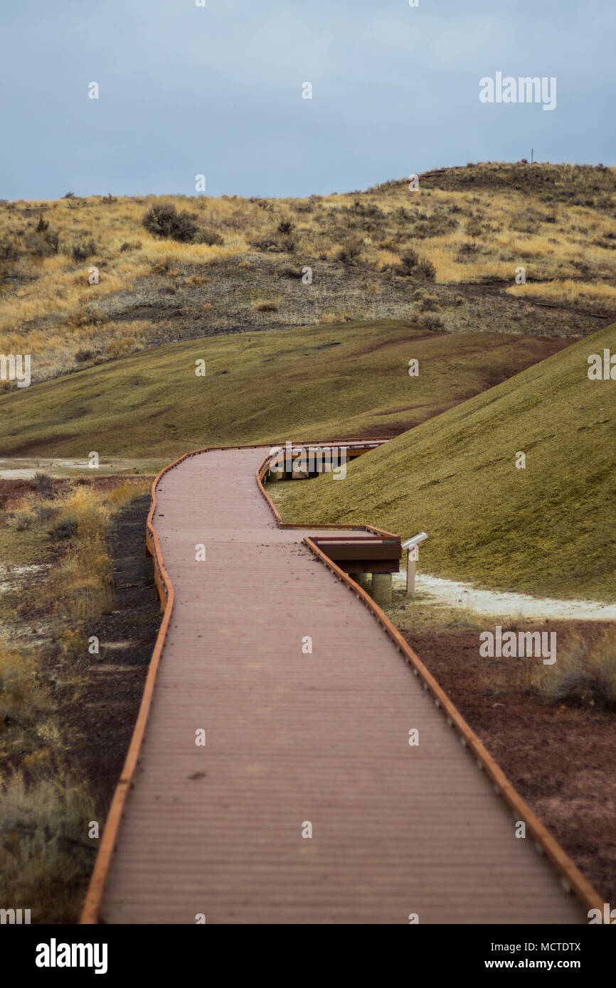 An elevated pathway through the fragile clay soils of the Painted Hills. Stock Photo