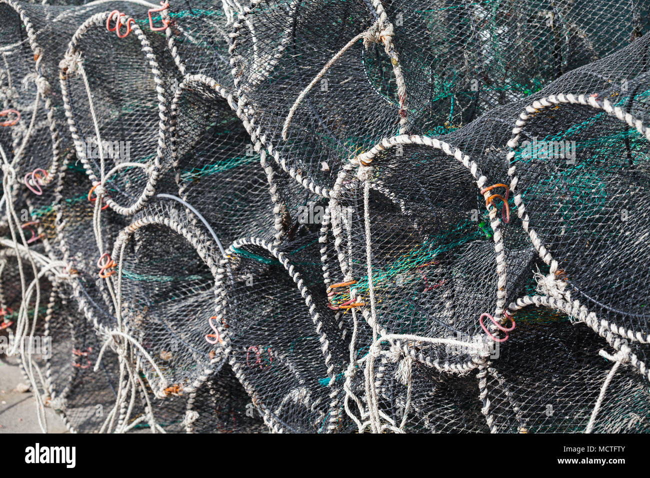 Traps for crabs stacked in fishing port of Busan, South Korea Stock