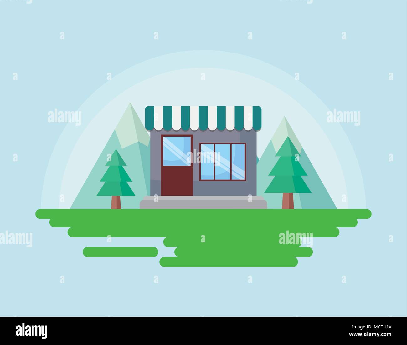 Landscape with store and trees over blue background, colorful design ...