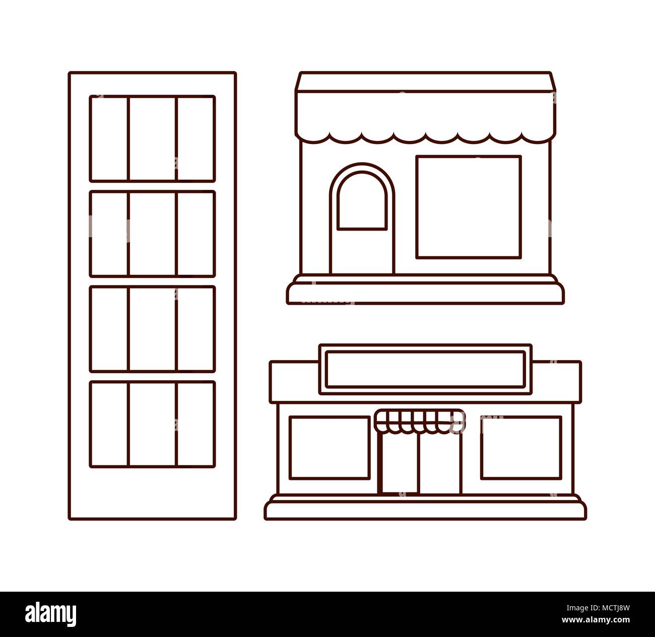 icon set of city buildings and stores over white background, line ...
