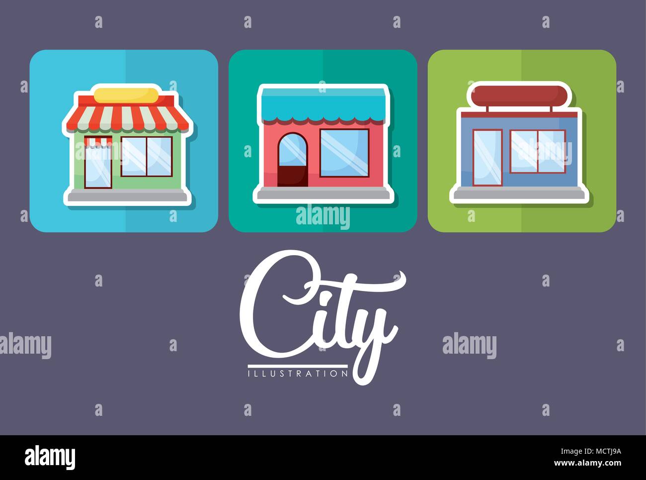 icon set of city concept with stores related icons over colorful squares and  blue background, vector illustration Stock Vector