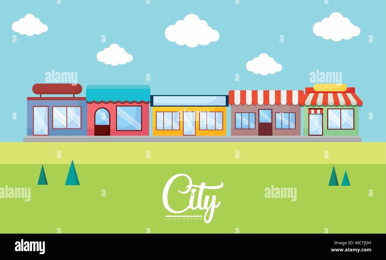 Landscape with stores and trees, colorful design. vector illustration ...
