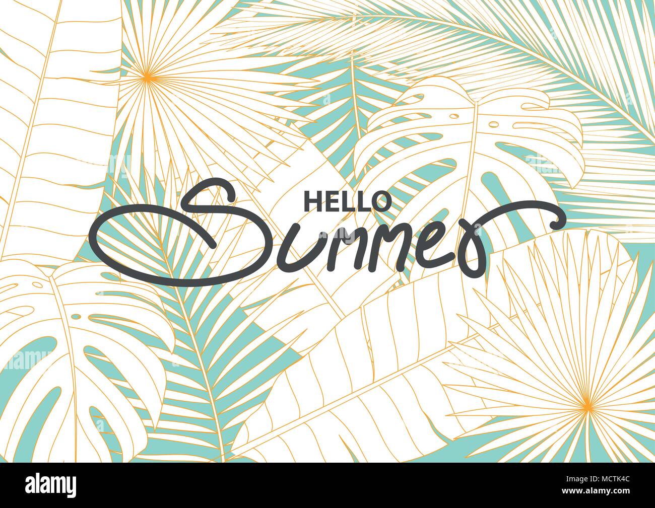 Poster or background design in simple style with space for text. Banner template for summer event with monstera, banana leaves, palm leaves and coconu Stock Vector