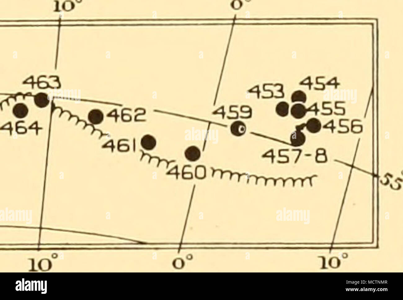 . Fig. 69. Distribution of young Euphausia superba, Cape Town, Bouvet, South Georgia (i-m. net hauls), October-November 1930. young have been obtained, usually in great abundance. When making our way through the pack, either in the main body of it or when crossing the narrow tongues, krill was almost always to be seen and often it occurred in great quantity. The young stranded themselves in numbers on floes that we momentarily submerged in our passage, while the adults, with greater activity, often jumped clear of the water and landed kicking on ice some 10 or 12 inches above the surface. The  Stock Photo