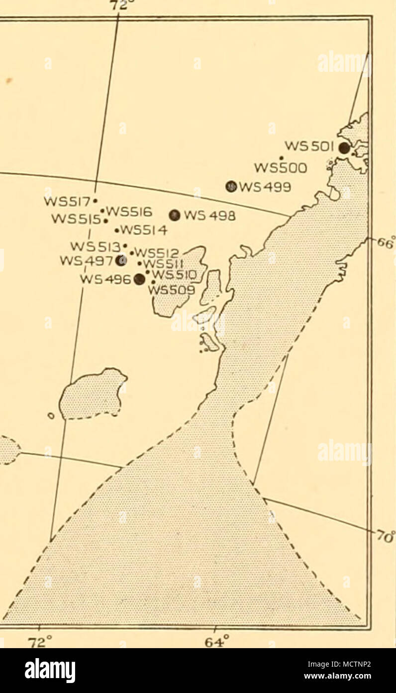 . W5S06 WS507 #W550a Fig. 67. Distribution of young Euphausia superba, Bellingshausen Sea (i-m. net hauls), December-February 1929-30. 19-2 Stock Photo