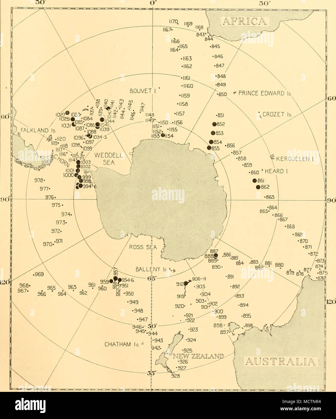 . 150° &quot;West 180 East 150 Fig. 60. Distribution of young Euphausia siiperba, circumpolar cruise. 18.2 Stock Photo