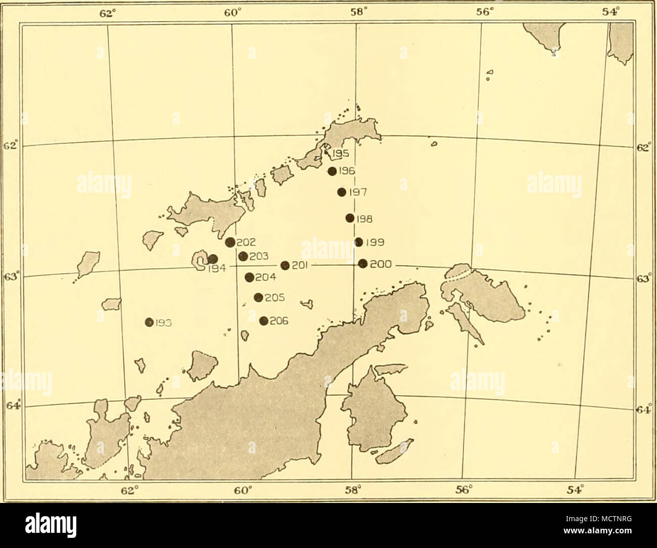 . Fig. 55. Distribution of young Euphausia superba, Bransfield Strait survey (70-cm. net hauls), March-April 1927. Stock Photo