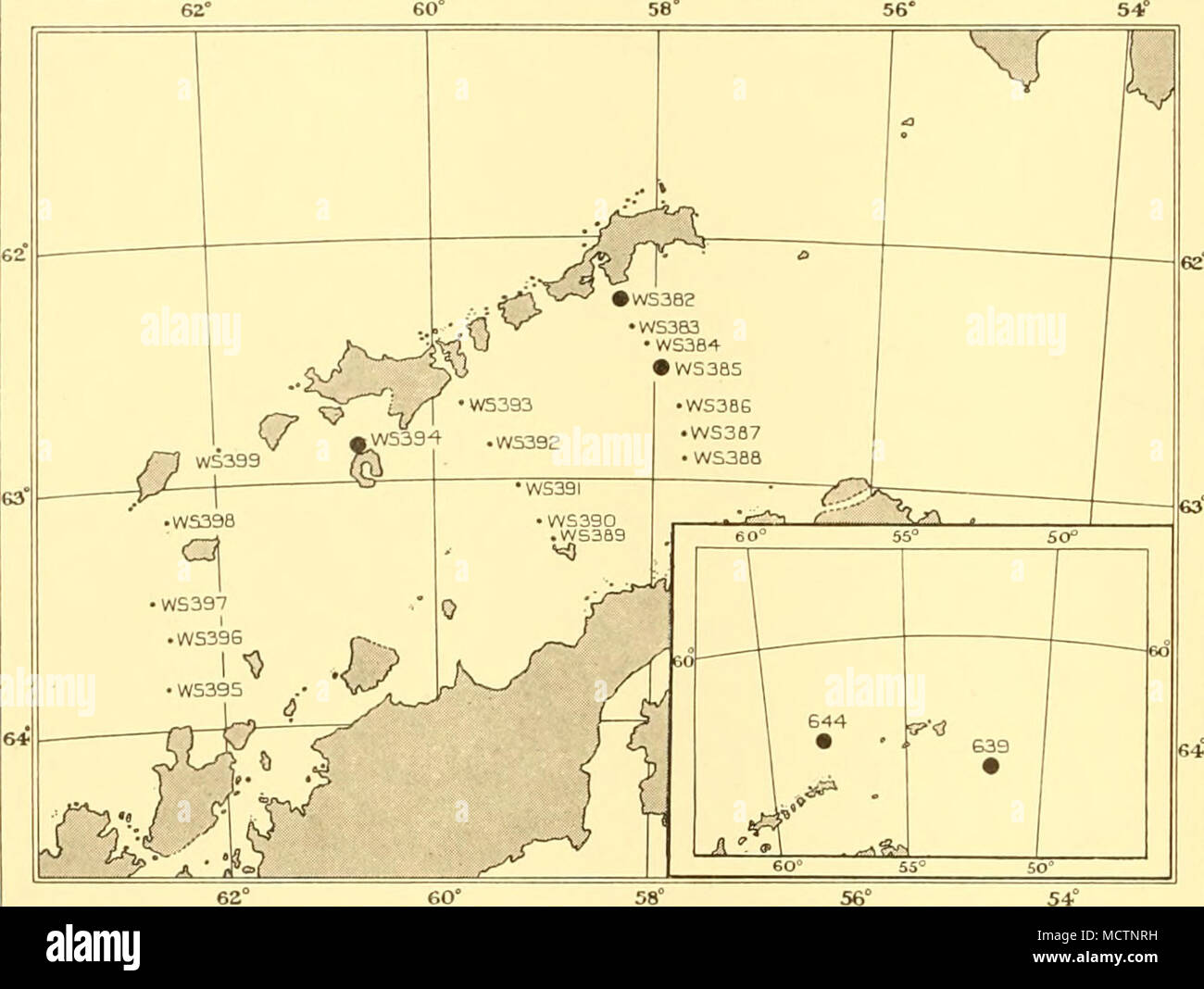 . Fig. 54. Distribution of young Euphausia superba, Bransfield Strait survey (70-cm. net hauls), February 1929, and inset March 1931. Stock Photo