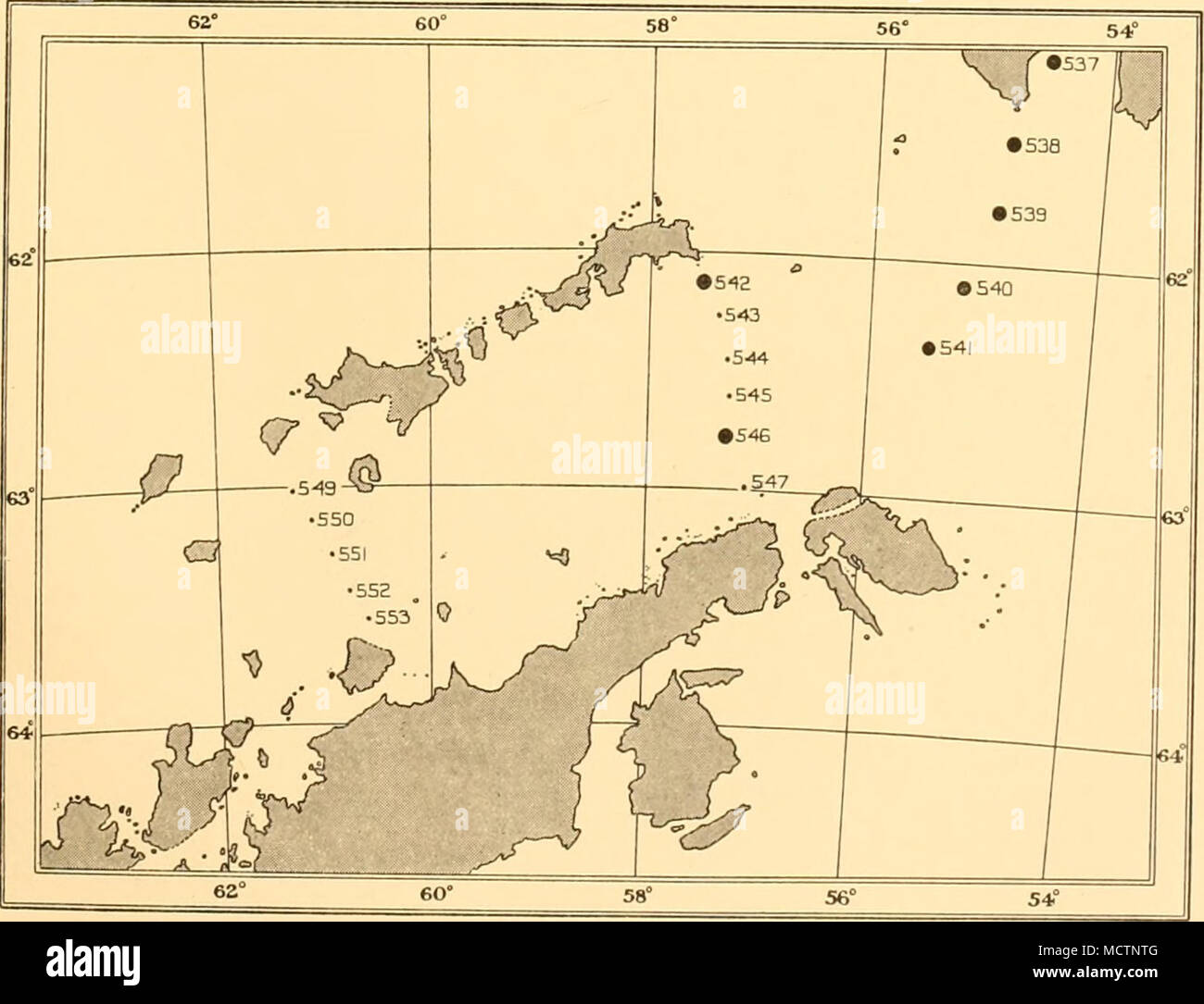 . Fig- 53- Distribution of young Euphausia superba, Bransfield Strait survey (70-cm. net hauls), December 1930. Stock Photo