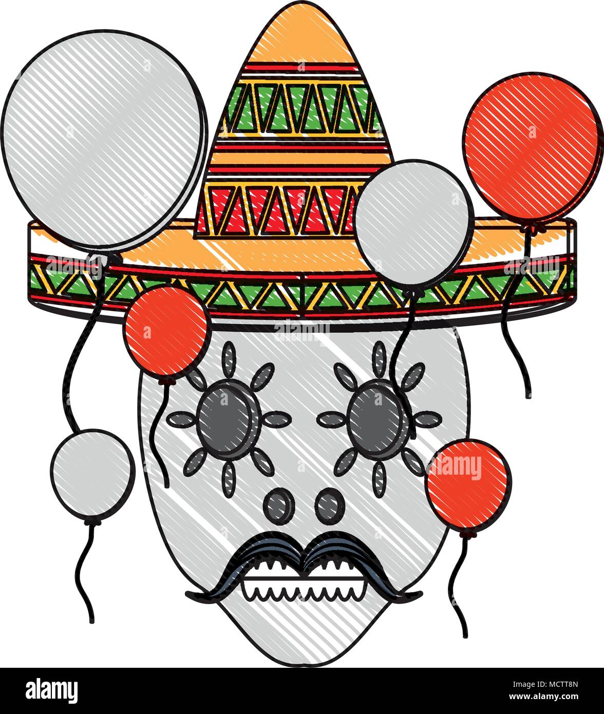 sugar skull with mexican hat and decorative balloons around over white ...