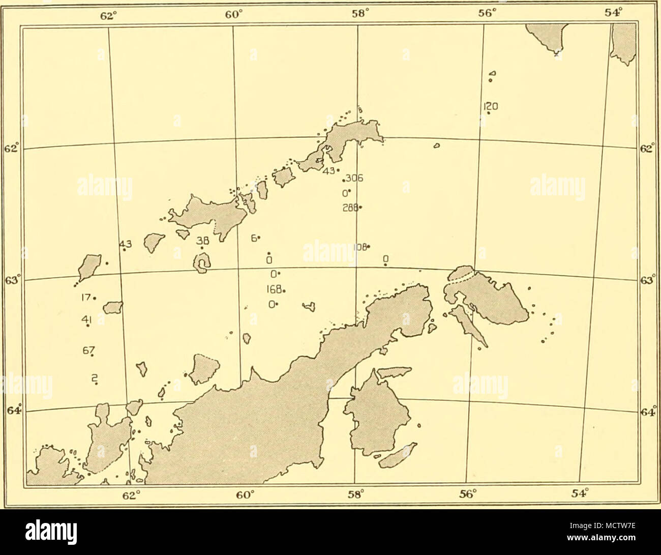 . Fig. 59. The distribution of Rhisosolenia alata f. gracillima in Bransfield Strait, November i I = one thousand. 929. Stock Photo