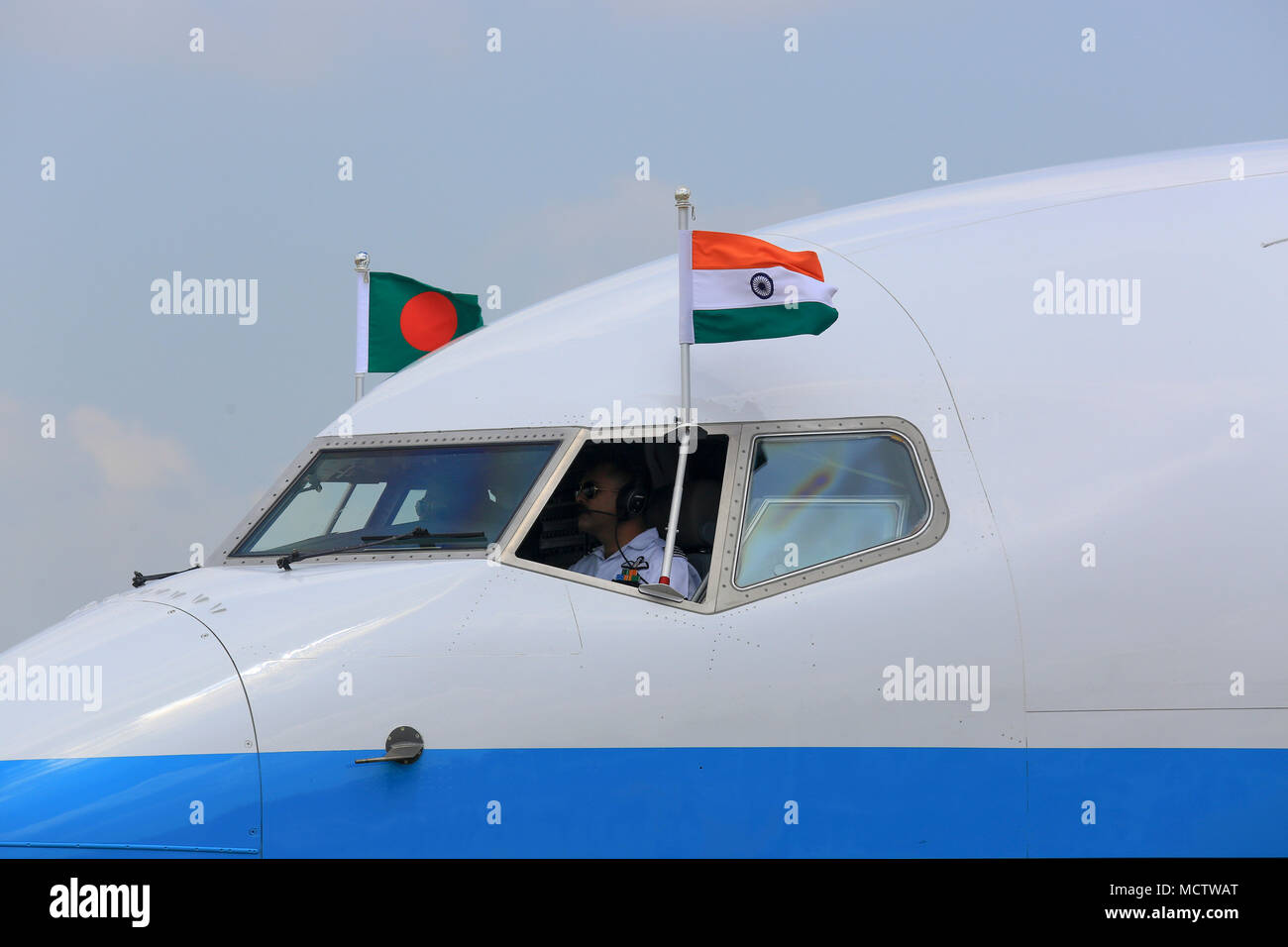 Bangladesh and India flags on the cockpit of Indian Air Force aircraft ‘Rajdoot’ at  Hazrat Shahjalal International Airport. Dhaka, Bangladesh Stock Photo