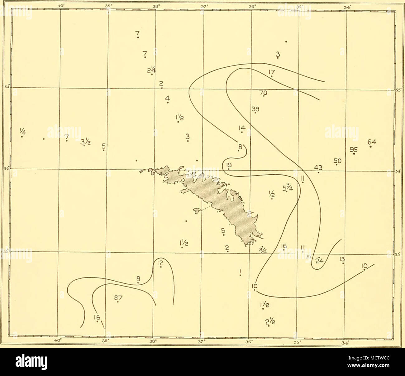 . Fig. 29. The distribution of Rhizosolenia styliformis, South Georgia survey, November 1930. i = one hundred thousand. resources of this surface water. On this survey, it will be remembered, the western Weddell Sea current was apparently at a minimum, and was almost certainly dissi- pated before it reached South Georgia, and all the surface water round South Georgia at that time was comparatively &quot; old &quot; and mixed. More recently Mr John's preliminary investigations of samples collected during 1931-2 confirm the possibility of Thalassio- thrix being transported to the neighbourhood o Stock Photo