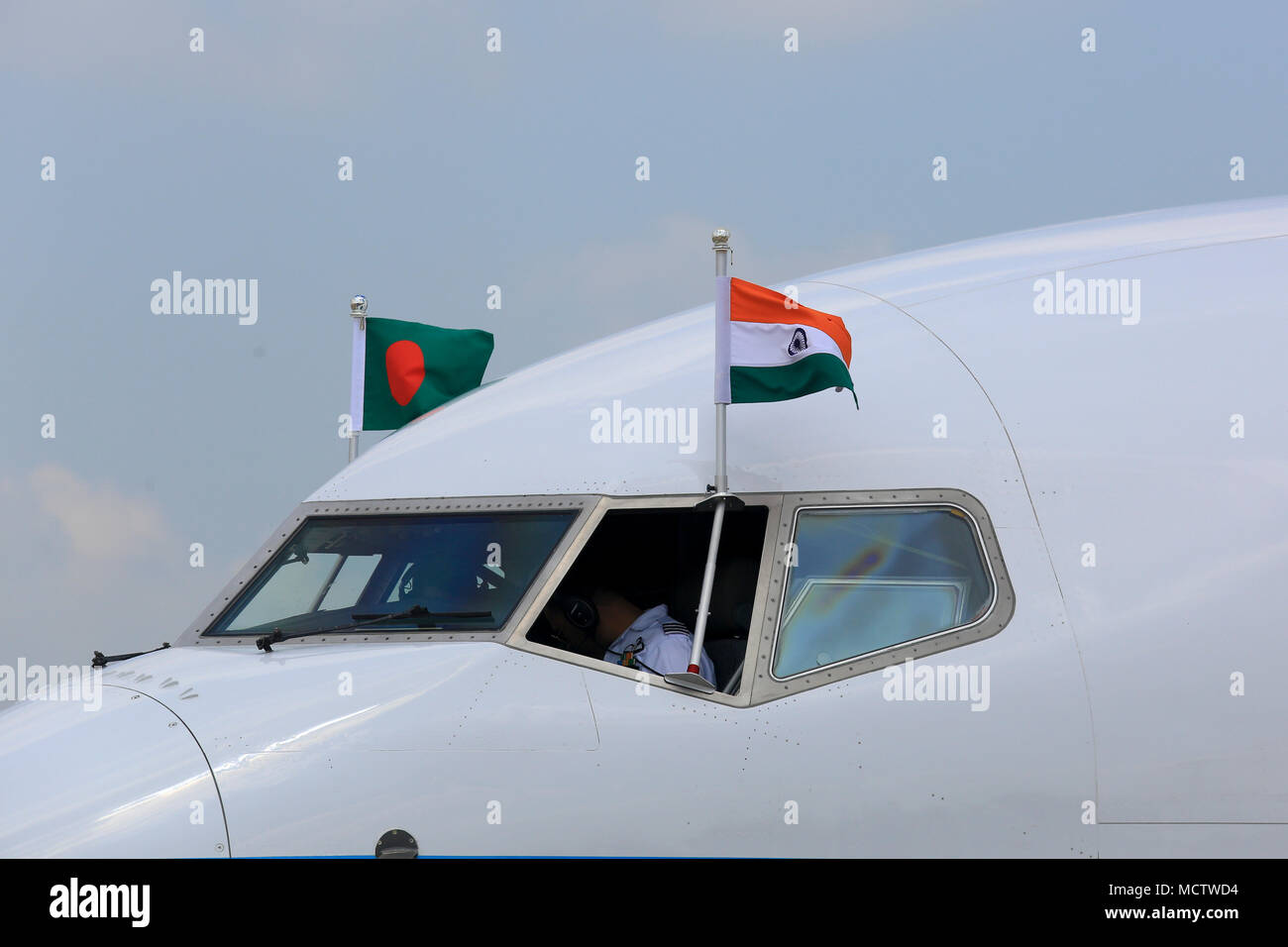 Bangladesh and India flags on the cockpit of Indian Air Force aircraft ‘Rajdoot’ at  Hazrat Shahjalal International Airport. Dhaka, Bangladesh Stock Photo
