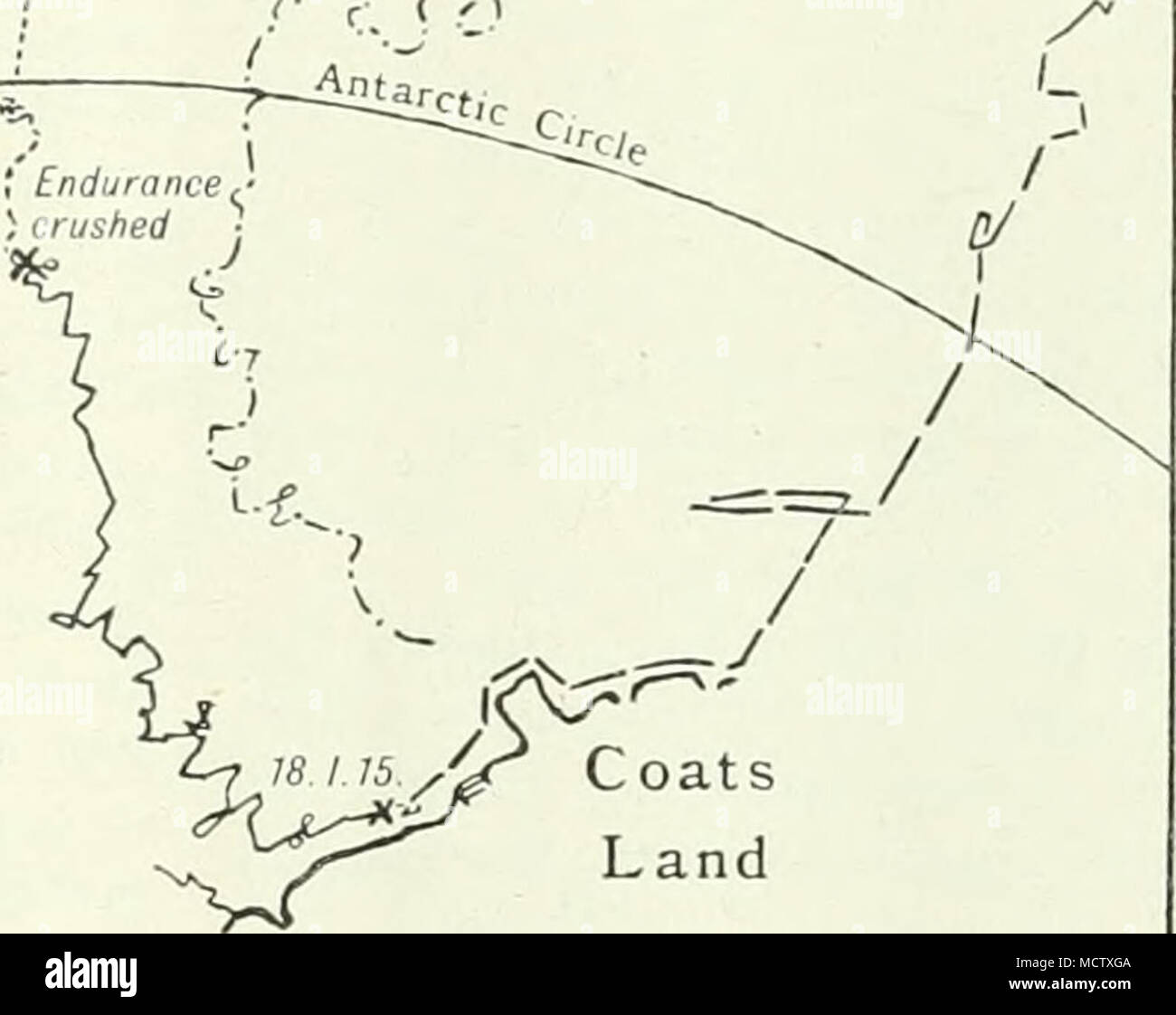 . Coats Land Fig. 3.âMP of THE.WKDDELI, SFA ILLUSTRATING THE DRIFTS OF THE ENDURANCE AND THE DEUTSCHLAXD. the winds had been light and variable, hardly a mile had been made to the north. The wind is doubtless the most important cause of the drift, but a more complete examination of the observations than has hitherto been possible will almost certainly bring to light an outstanding effect due to current. The direction of the drift was always a little to the left of the direction of the wind. This is due to the rota- tion of the earth, and a similar deviation to the right of the wind direction  Stock Photo