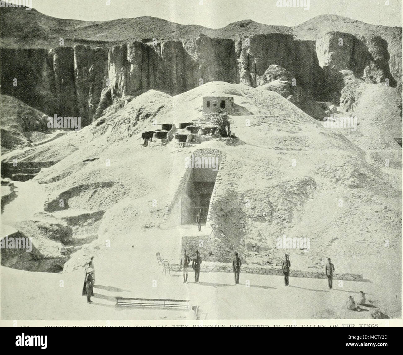 . Fig. 2.—WHERE HIS REMARKABLE TOMB HAS BEEN RECENTLY DISCOVERED IX THE V.I.I.1,^ 'H The gateway in the centre is that of the tomb of Rameses IX. Below it, marked with a cross, is the excavation leailing to the diambcrs worth more than ^3,000,000 has already been found. in which treasure Stock Photo