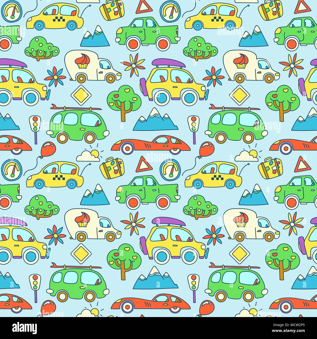 Seamless vector color pattern with cartoon cars stylized for children Stock Vector