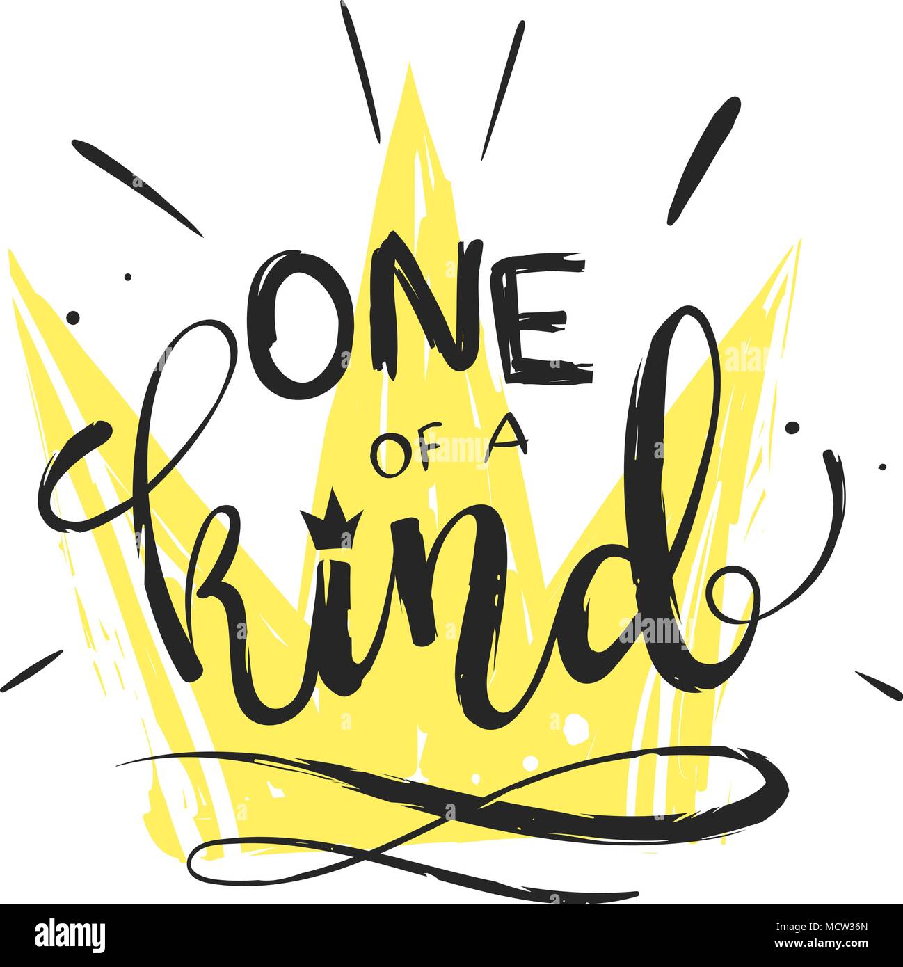 Hand drawn vector clipart - One of a Kind - lettering with a Crown symbol, romantic grunge illustration. Designe for a greeting card, poster, banner, Stock Vector