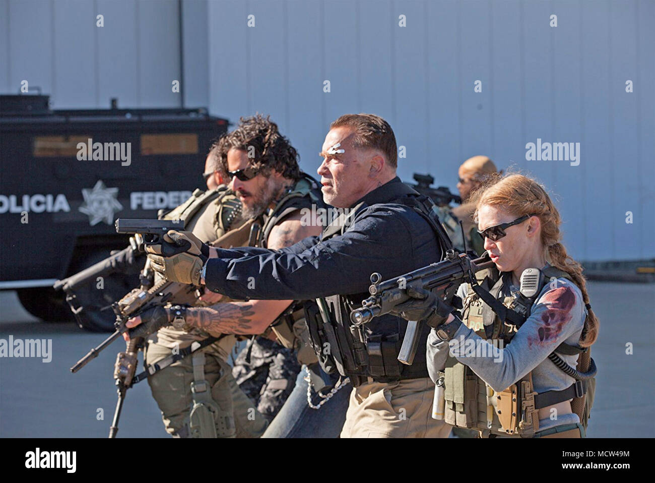 SABOTAGE 2014 Open Road Films production with Arnold Schwarzenegger and Mireille Enos at right Stock Photo