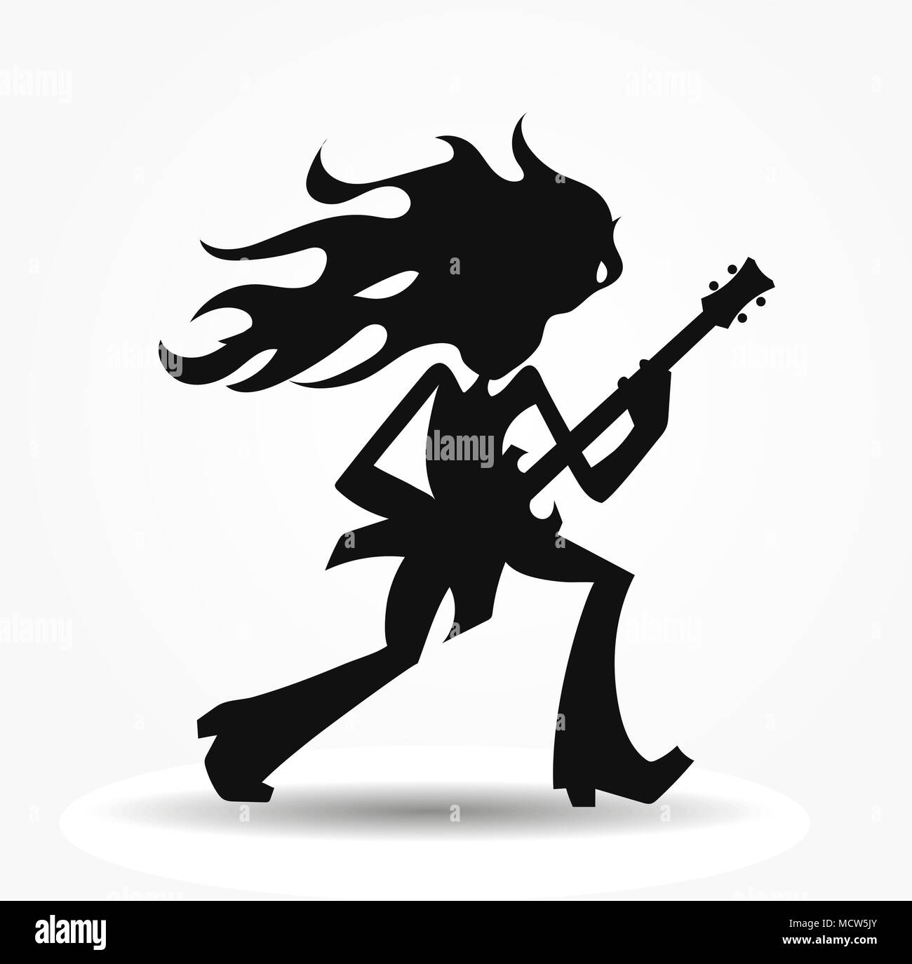 Isolated vector silhouette of the metalhead, long haired rock guitarist cartoon image Stock Vector