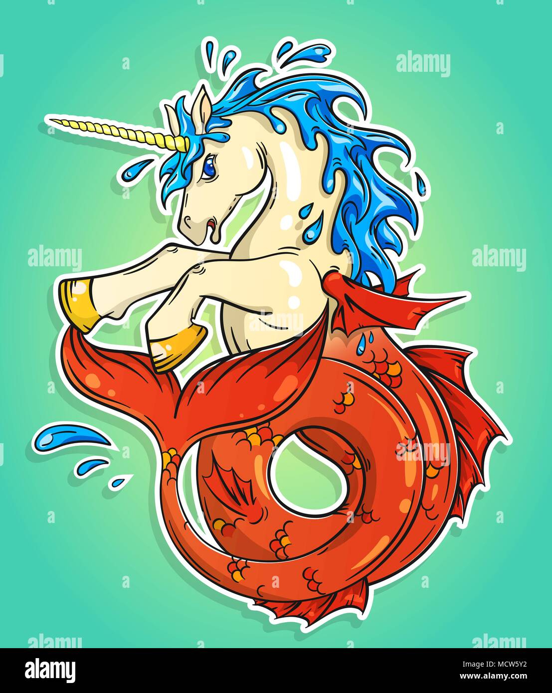 Ocean unicorn with a fishtail. Magic cartoon fantasy animal concept. Vector illustration Stock Vector