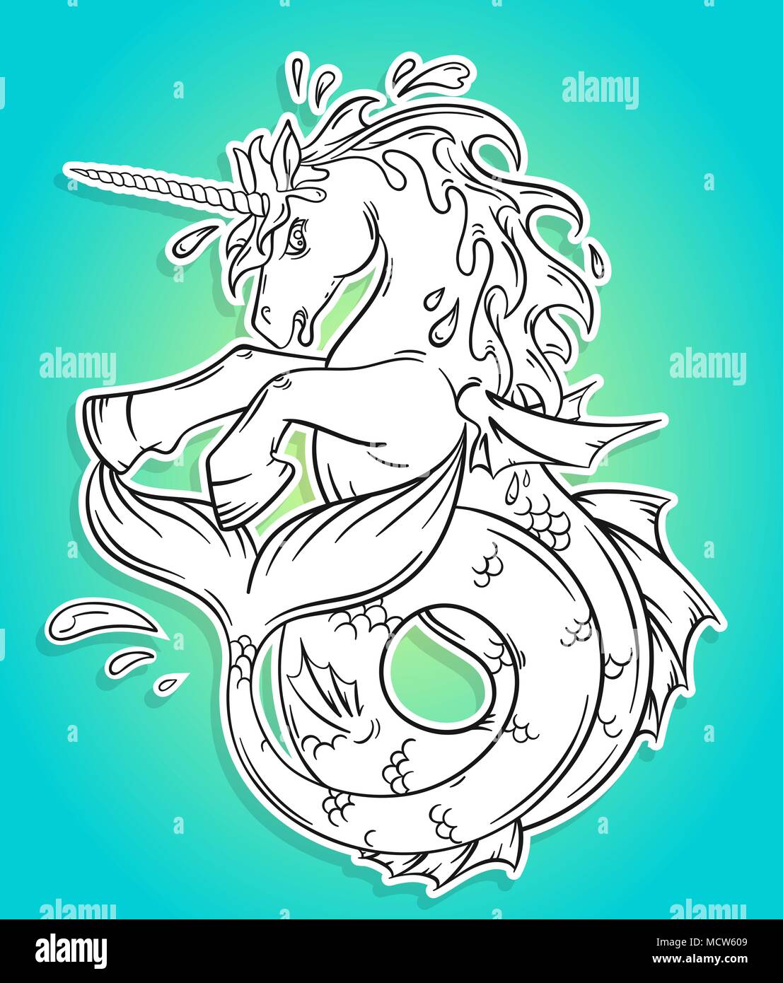 Ocean unicorn with a fishtail. Magic cartoon fantasy animal concept. Vector illustration Stock Vector