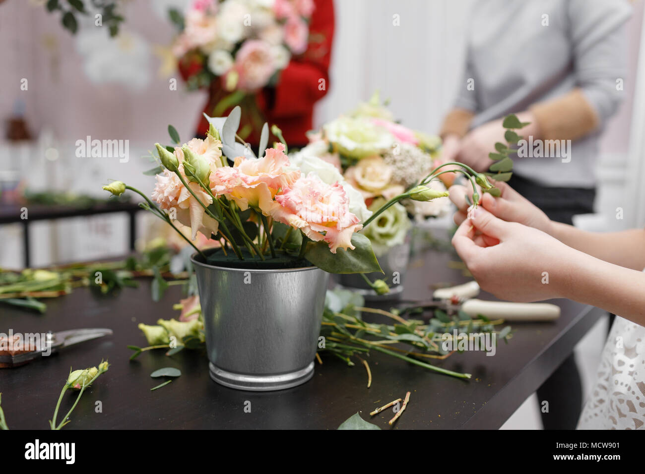 Master class on making bouquets for kids. Spring bouquet in metal ornamental flowerpot. Learning