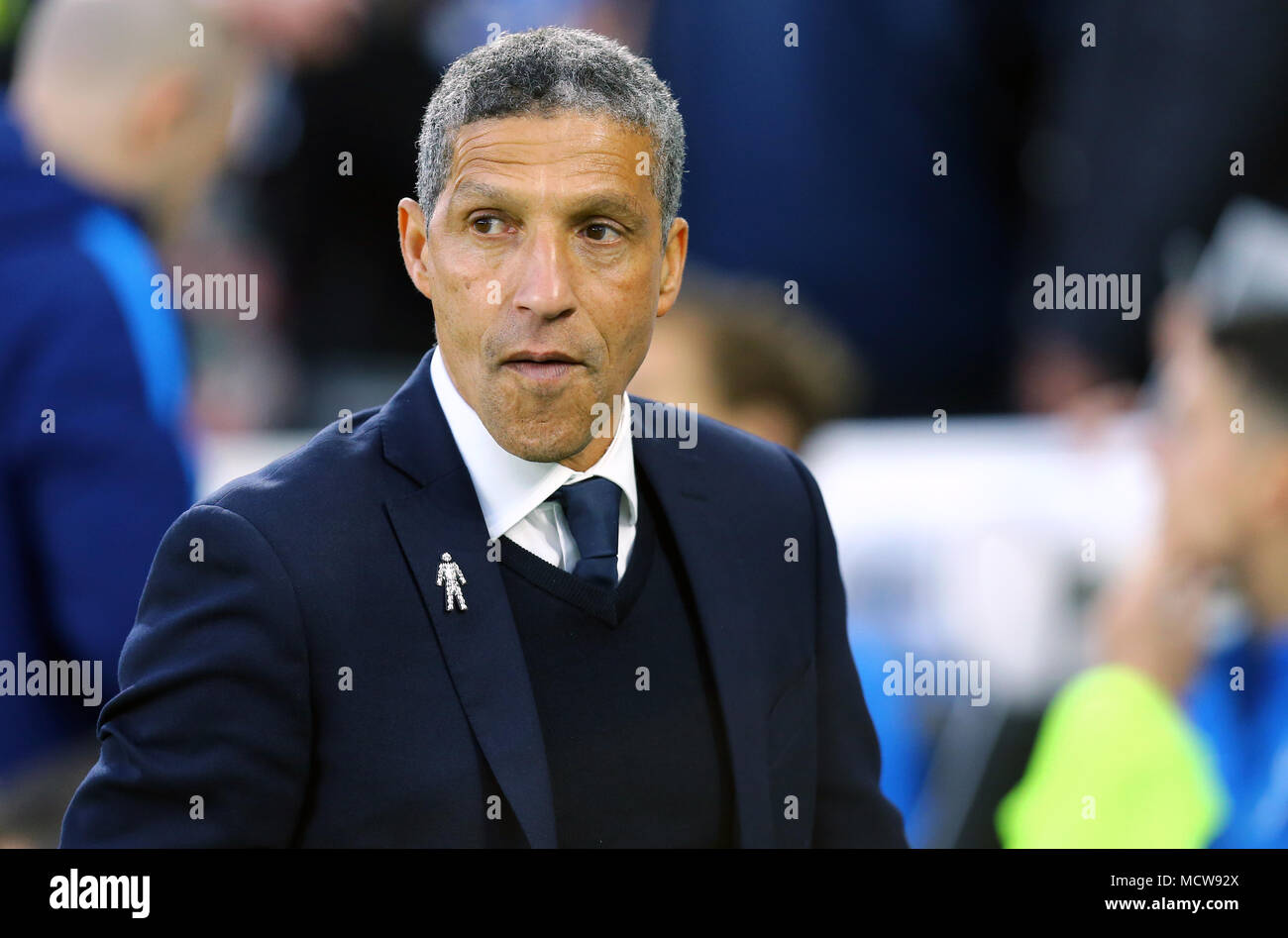 Brighton & Hove Albion manager Chris Hughton during the Premier League match at the AMEX Stadium, Brighton. PRESS ASSOCIATION Photo. Picture date: Tuesday April 17, 2018. See PA story SOCCER Brighton. Photo credit should read: Gareth Fuller/PA Wire. RESTRICTIONS: No use with unauthorised audio, video, data, fixture lists, club/league logos or 'live' services. Online in-match use limited to 75 images, no video emulation. No use in betting, games or single club/league/player publications. Stock Photo