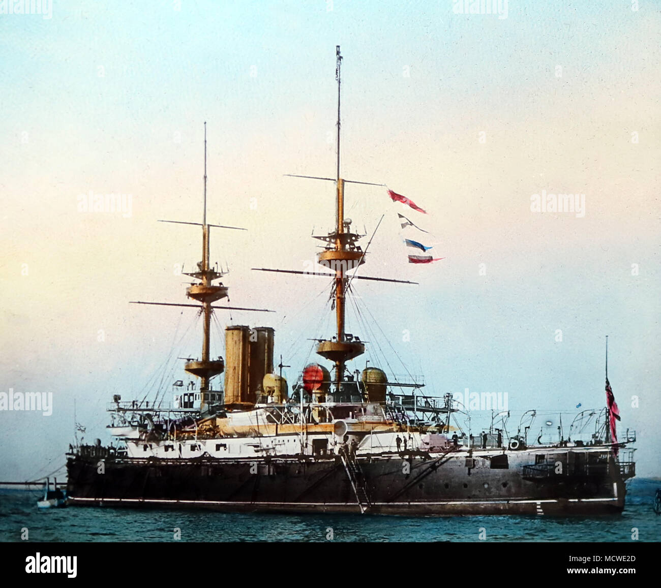 HMS Jupiter, Royal Navy, probably circa 1900 (hand coloured photo) Stock Photo