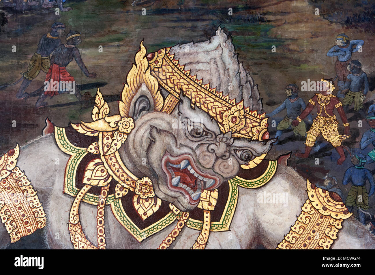 Details of the wall paintings depicting the myth of Ramakien in the Wat Phra Kaew Palace, also known as the Emerald Buddha Temple. Bangkok, Thailand. Stock Photo