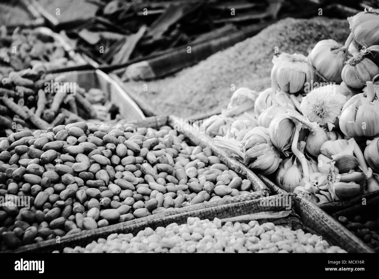 Black and white picture of vegetables, herbs and nuts on the old souk of Casablanca, Morocco Stock Photo