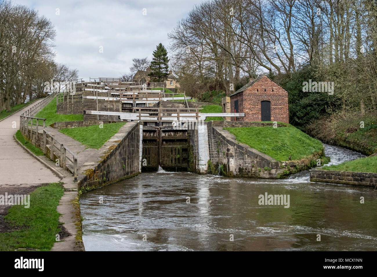 The Five Rise Locks on the Leeds and Liverpool Canal,  Bingley, near Bradford, West Yorkshire, England. Stock Photo