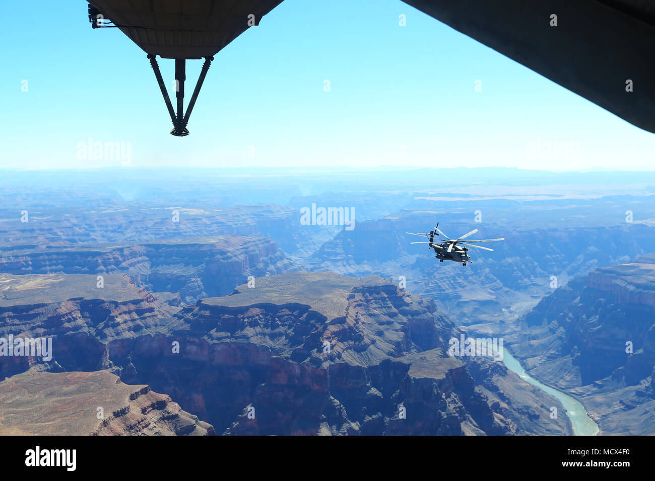 Marines with Marine Heavy Helicopter Squadron (HMH) 462 complete a motivational flight to celebrate the successful completion of the Nellis Air Force Base Training Detachment at Nellis Air Force Base, Las Vegas, Nev., March 2. The Nellis Air Force Base training detachment allows Marines with HMH-462 to work directly with other branches of service, simulating real-life integration in a forward deployed environment. (U.S. Marine Corps photo by Sgt. David Bickel/Released) Stock Photo