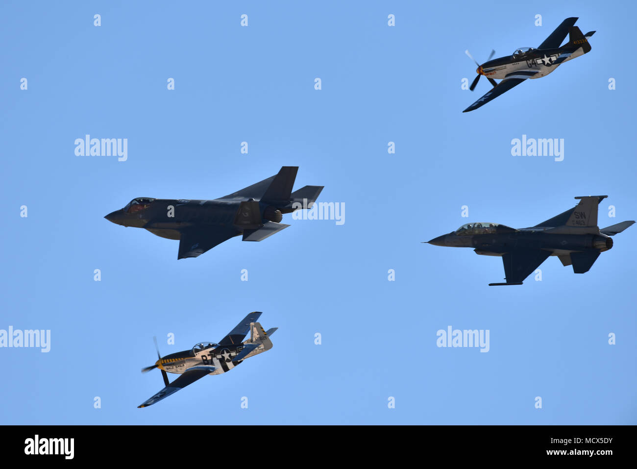 A U S Air Force F 35 Lightning Ii F 16 Fightning Falcon And Two P 51