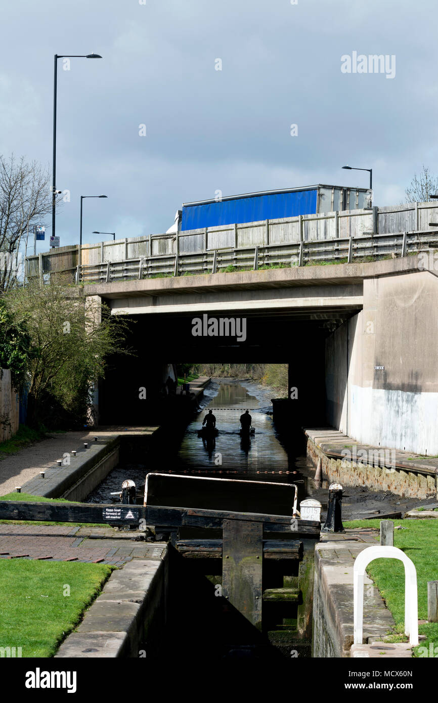 A38 road crossing the Birmingham and Fazeley Canal at Minworth Bottom Lock, West Midlands, UK Stock Photo