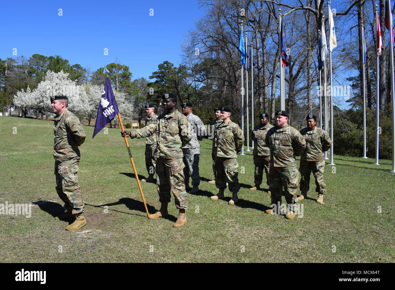 U.S. Army Col. Jeremy A. Crist relinquished command of the 360th Civil Affairs Brigade to U.S. Army Col. Stephen J. Snyder during a change of command ceremony on Saturday, March 3 at Victory Field, Officer’s Club, Fort Jackson, South Carolina. The commander of troops was the 360th Civil Affairs Deputy Commander, Lt. Col. Christopher M. Schond. The reviewing officer was Brig. Gen. Jeffrey W. Jurasek, commander of the 352nd Civil Affairs Command. (U.S. Army photo by Capt. Spencer L. Teillon) Stock Photo