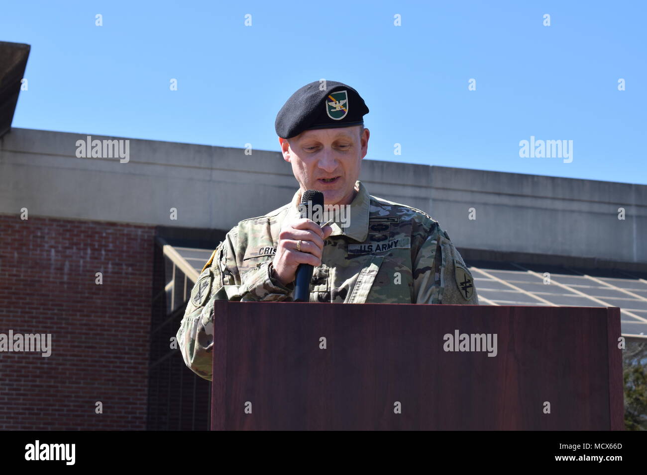 U.S. Army Col. Jeremy A. Crist relinquished command of the 360th Civil Affairs Brigade to U.S. Army Col. Stephen J. Snyder during a change of command ceremony on Saturday, March 3 at Victory Field, Officer’s Club, Fort Jackson, South Carolina. The commander of troops was the 360th Civil Affairs Deputy Commander, Lt. Col. Christopher M. Schond. The reviewing officer was Brig. Gen. Jeffrey W. Jurasek, commander of the 352nd Civil Affairs Command. (U.S. Army photo by Capt. Spencer L. Teillon) Stock Photo