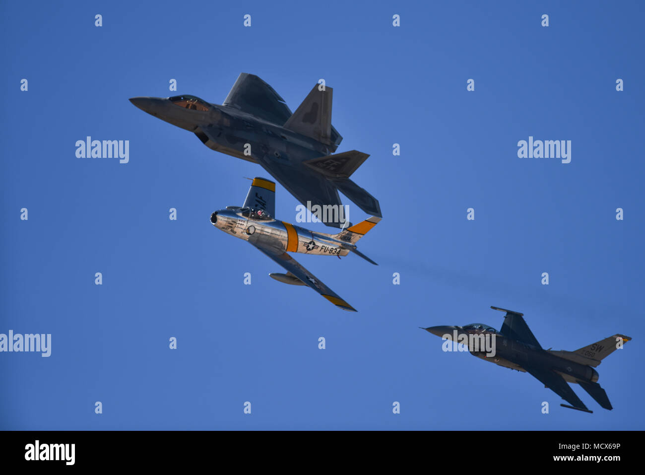 A U S Air Force F 22 Raptor F 16 Fighting Falcon And An F 86 Sabre