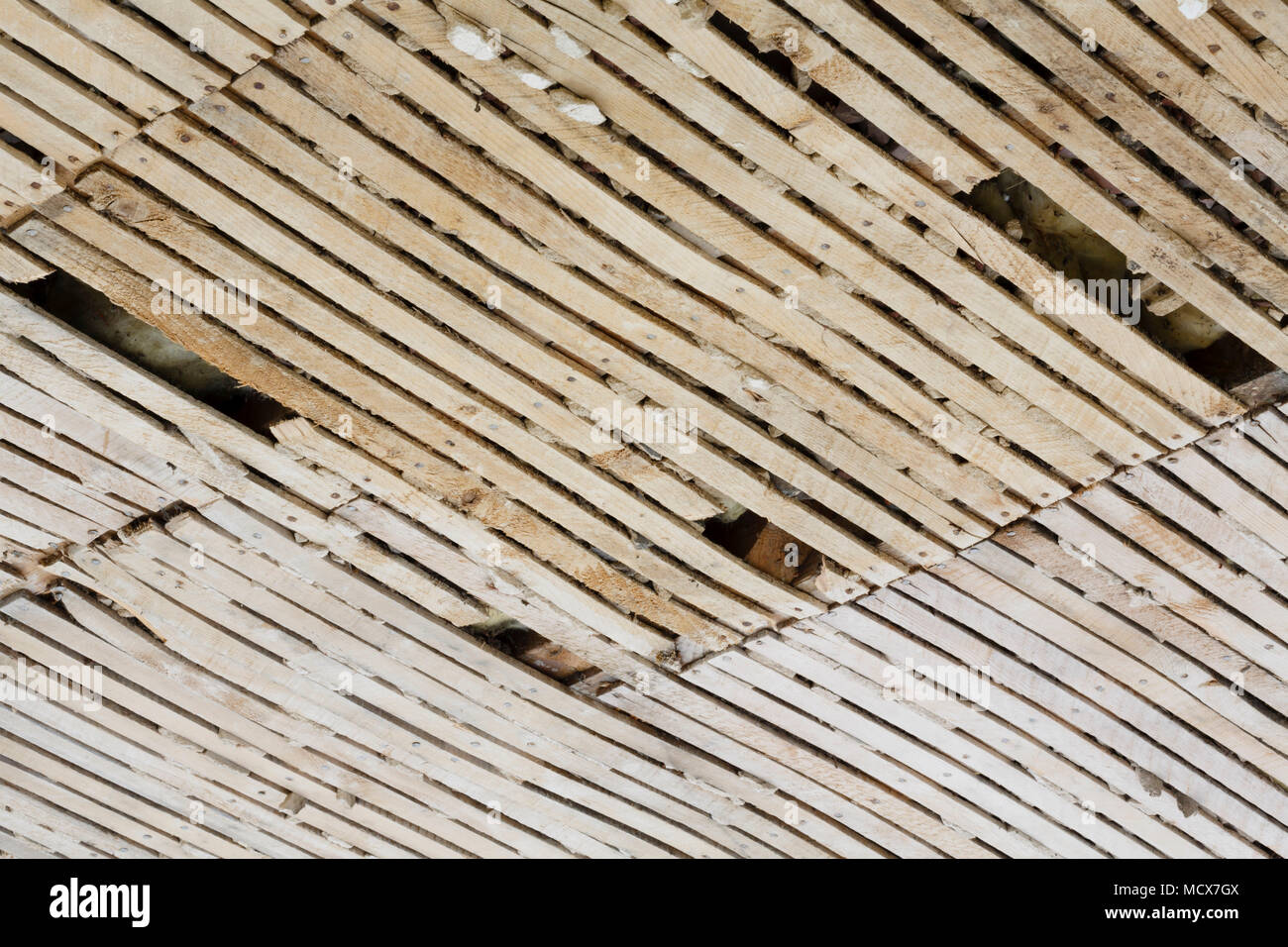 Old lath and plaster ceiling undergoing refurbishment Stock Photo