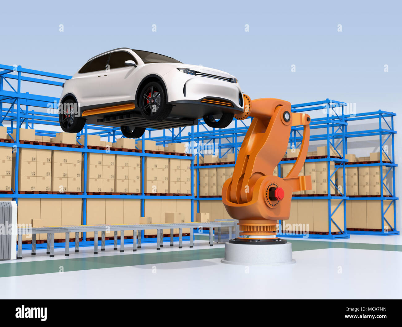 Orange heavyweight robotic arm carrying white SUV in the assembly factory. 3D rendering image. Stock Photo