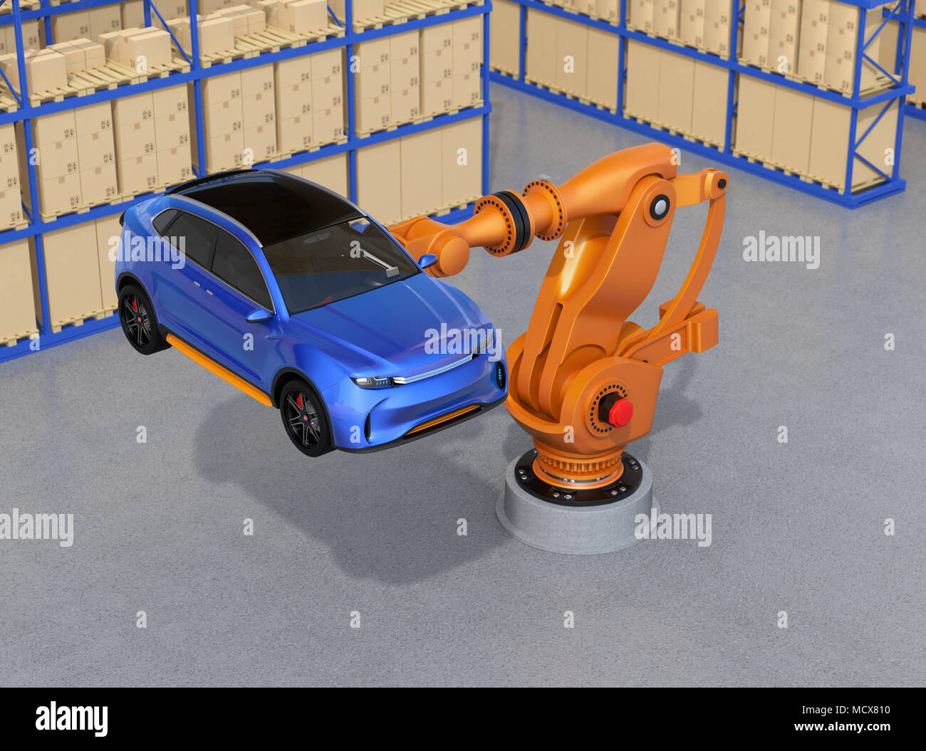 Orange heavyweight robotic arm carrying blue SUV in the assembly factory. 3D rendering image. Stock Photo