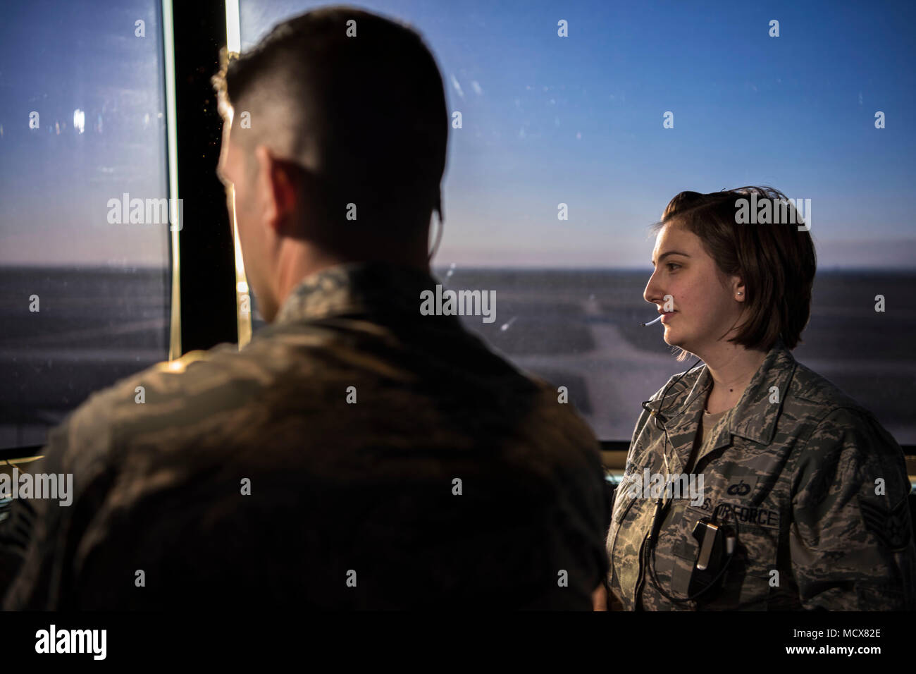 Vance air traffic controllers manage the airspace from Inhofe Air Traffic Control Tower, March 1, 2017, at Vance Air Force Base, Okla. Although Vance may be known as a pilot training base, it's also one of the leaders in training and certifying Air Force air traffic controllers. (U.S. Air Force photo by Airman Zachary Heal) Stock Photo
