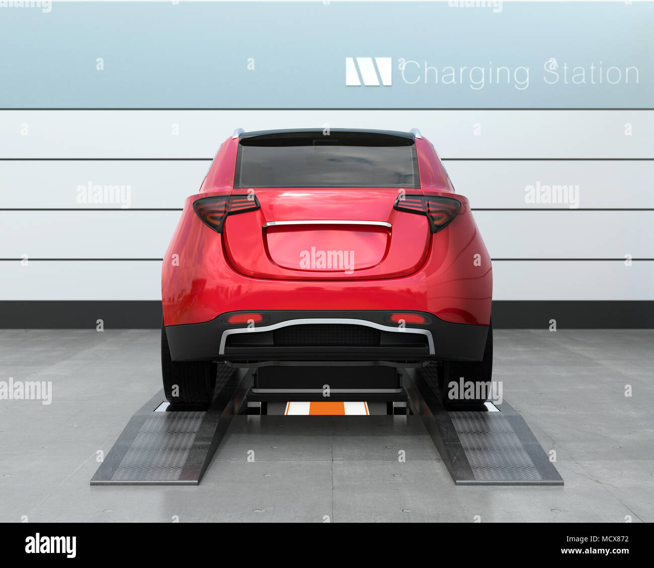 Rear view of electric SUV car exchange battery in battery swapping