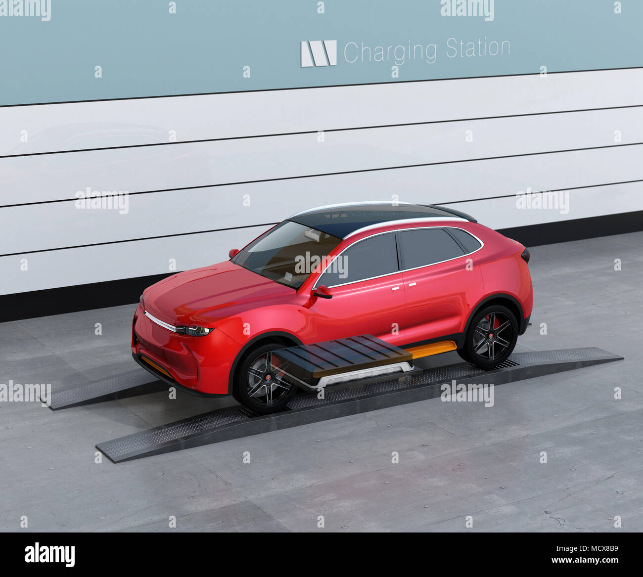 Electric SUV car exchange battery in battery swapping station. Fast battery exchange solution.  3D rendering image. Stock Photo